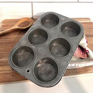 Vintage Ekco USA Ovenex Starburst Metal Muffin Pan 6 Compartment Farmhouse Decor